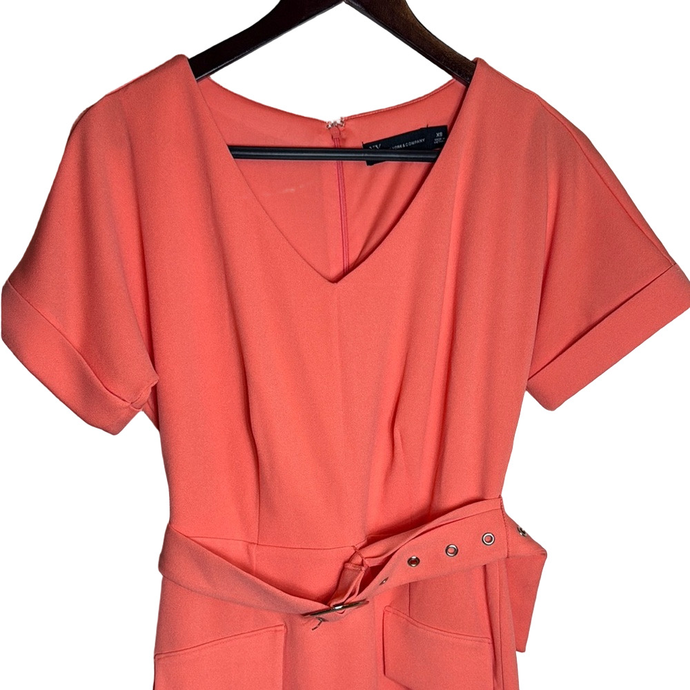 New York & Co Soft Orange Belted V-Neck Classic Midi Dress XS Career Chic New - Picture 6 of 17